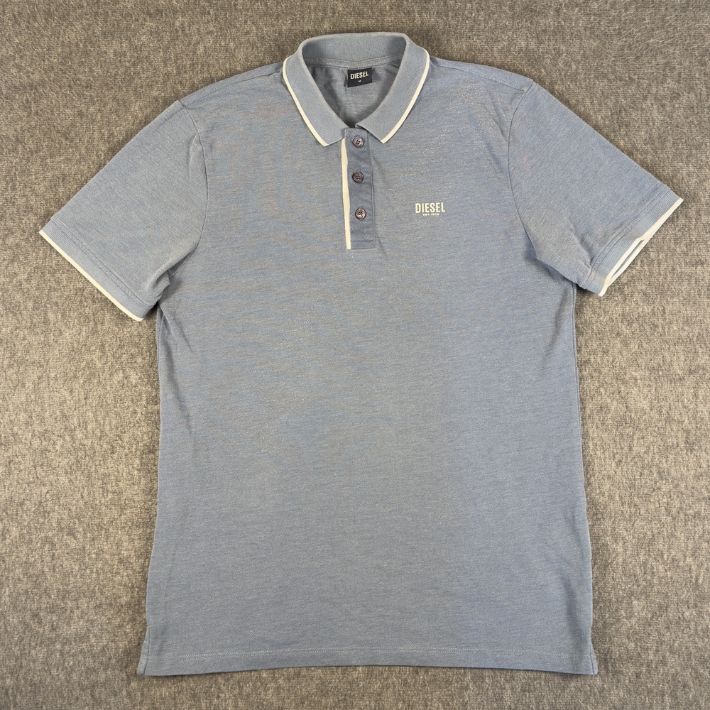 Diesel Polo Shirt Mens Medium Blue Solid Contrast Trim Cotton Poly Knit